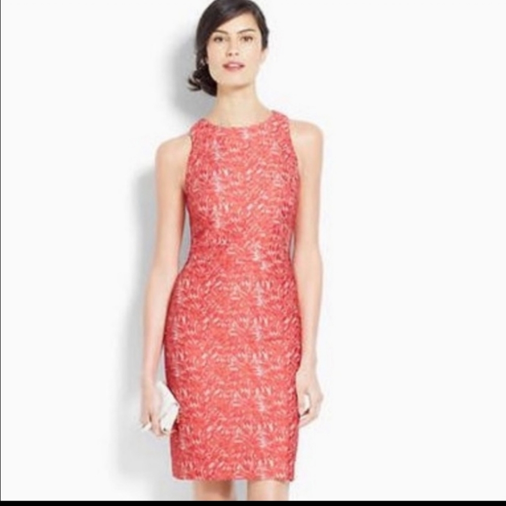 Ann Taylor Coral Jacquard Sleeveless Sheath Dress